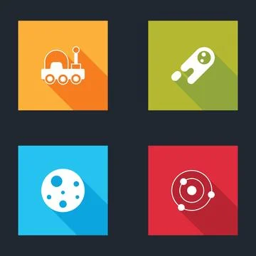 Set Mars rover, Comet falling down fast, Planet and Solar system icon. Vector Stock Illustration