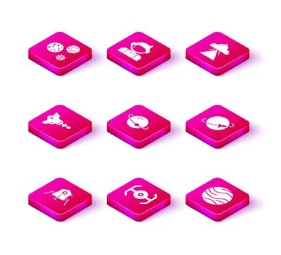 Set Mars rover, Cosmic ship, Ray gun, Planet, UFO flying spaceship and Astr.. Stock Illustration