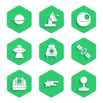 Set Mars rover, Falling star, Joystick, Satellite, Astronomical observatory, UFO Ilustración de archivo