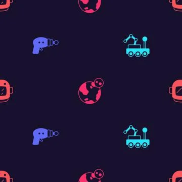 Set Mars rover, Ray gun, Earth globe and Astronaut helmet on seamless pattern 스톡 일러스트