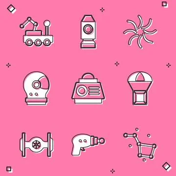 Set Mars rover, Rocket ship, Black hole, Astronaut helmet, Space capsule, B.. Illustrazione stock