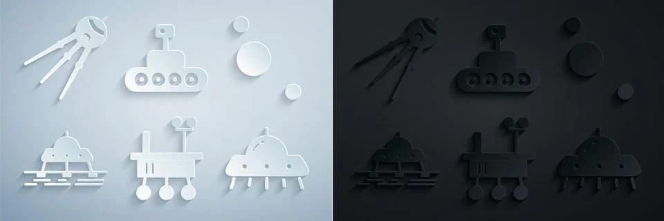 Set Mars rover, Solar system, UFO flying spaceship, and Satellite icon. Vector Stock Illustration