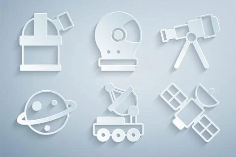Set Mars rover, Telescope, Planet Saturn, Satellite, Astronaut helmet and A.. Stock Illustration