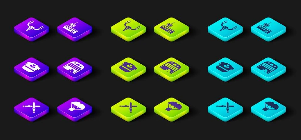 Set Marshalling wands, Box flying on parachute, Pilot hat, Aircraft hangar Stock-Illustration