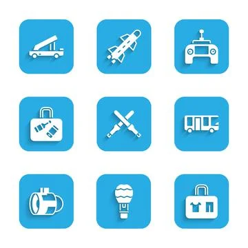 Set Marshalling wands, Hot air balloon, Suitcase, Airport bus, Jet engine tur Illustration