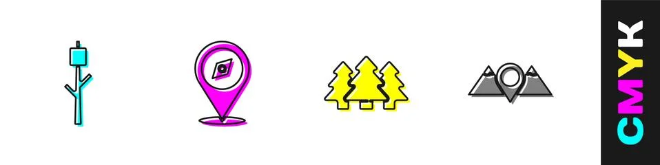 Set Marshmallow on stick, Compass, Forest and Location mountains icon. Vector Stock Illustration