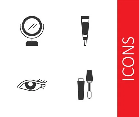 Set Mascara brush, Round makeup mirror, Woman eye and Cream lotion cosmetic tube Illustration