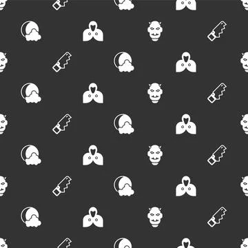 Set Mask of the devil with horns, Hand saw, Moon stars and Mantle, cloak, c.. Stock Illustration