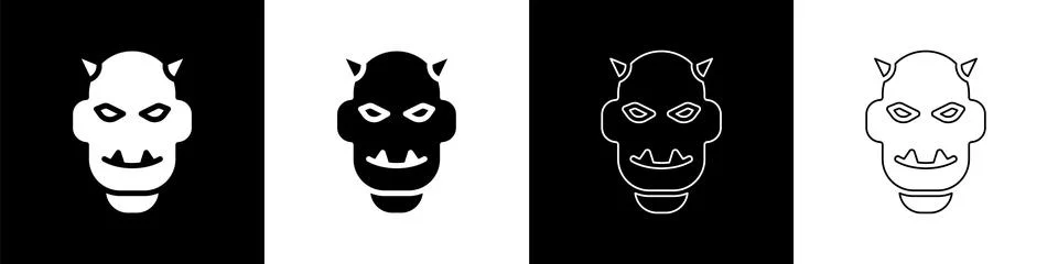 Set Mask of the devil with horns icon isolated on black and white background. Stockillustratie