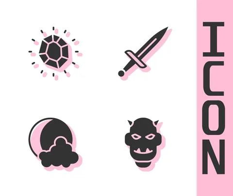 Set Mask of the devil with horns, Magic stone, Moon and stars and Dagger icon Ilustração Stock
