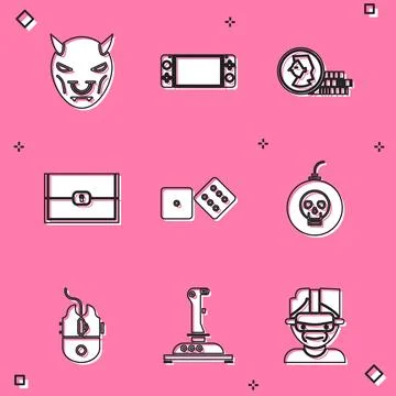 Set Mask of the devil with horns, Portable video game console, Coin for, Ch.. 스톡 일러스트