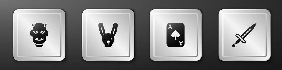 Set Mask of the devil with horns, Rabbit ears, Playing cards and Dagger icon Stock Illustration