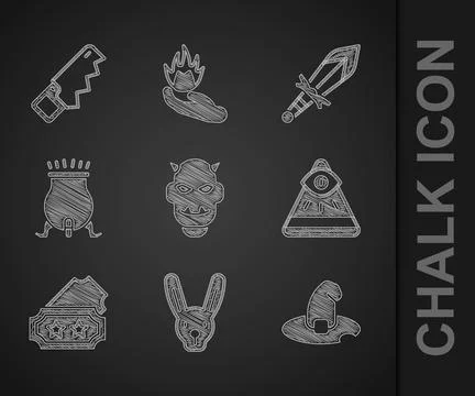 Set Mask of the devil with horns, Rabbit ears, Witch hat, Masons, Ticket, c.. Illustrazione stock