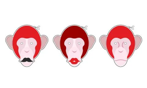 Set mask red monkey: primacy with moustache. Monkey with big red lips. Collec Stock Illustration