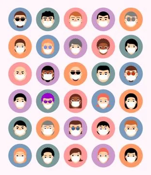Set masked faces in circles, avatars, icons, people of different nationalities Illustrazione stock