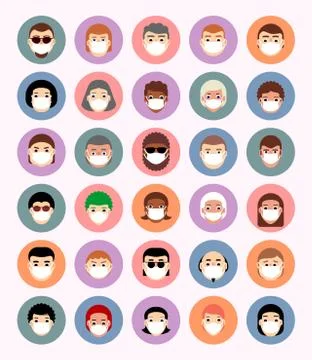 Set masked faces in circles, avatars, icons, people of different nationalities Stock Illustration