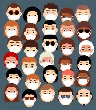 Set masked faces, people of different nationalities in flat style. Danger of Stock Illustration