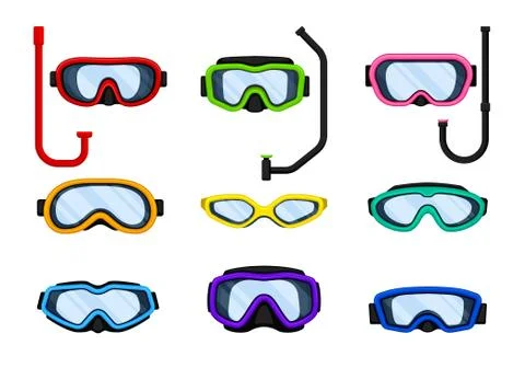 Set of masks for scuba diving in different colors. Vector illustration on white Ilustración de archivo