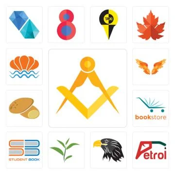 Set of masonic, petrol, eagle head, tea leaf, student book, bookstore, potato Free Stock Illustration