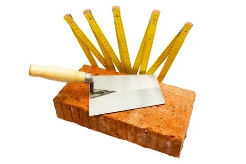 Set of masonry tool including brick trowel and meter isolated on white backgr Stock Photos