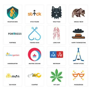 Set of masquerade, pot leaf, sun moon, restroom, kindergarten, long hair, for Illustrazione stock gratuita