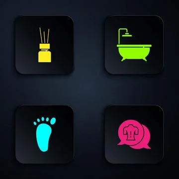 Set Massage, Aroma diffuser, Foot massage and Bathtub. Black square button Illustrazione stock