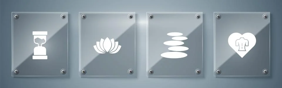 Set Massage, Stack hot stones, Lotus flower and Old hourglass. Square glass Stock Illustration