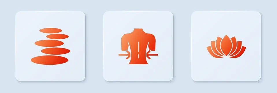Set Massage, Stack hot stones and Lotus flower. White square button. Vector Illustrazione stock