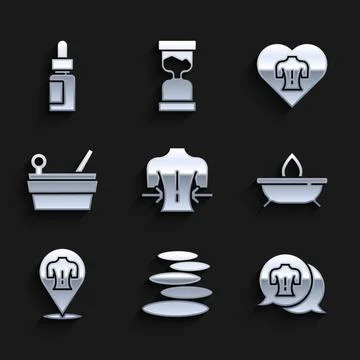 Set Massage, Stack hot stones, Aroma candle, Sauna bucket ladle, and Essential Stock Illustration