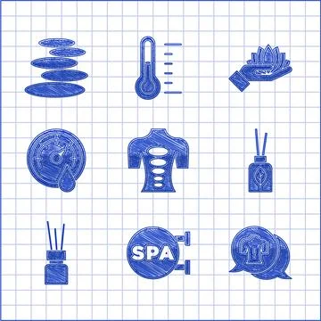 Set Massage stone therapy, Spa salon, Aroma diffuser, Sauna thermometer, Lotus Stockillustratie