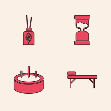 Set Massage table, Aroma diffuser, Old hourglass and Swimming pool with ladde 库存插图