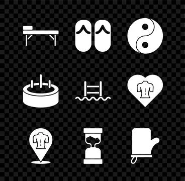 Set Massage table, Flip flops, Yin Yang, Old hourglass, Sauna mittens, Swimming Stock Illustration