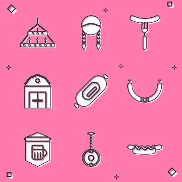 Set Massive steel chandelier, Braid, Sausage on the fork, Farm House, Salam.. Stockillustratie