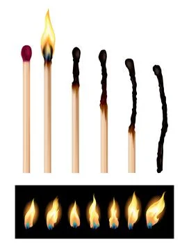 Set of match sticks with burning sequence. Wooden matches in different stages Stock Illustration