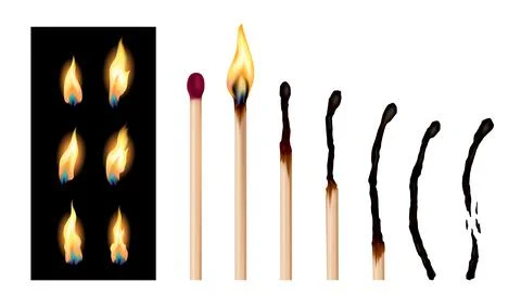 Set of match sticks with burning sequence. Wooden matches in different stages Stock Illustration