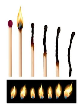 Set of match sticks with burning sequence. Wooden matches in different stages Illustrazione stock