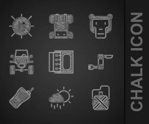Set Matchbox and matches, Cloud with rain, Canteen water bottle, Swiss army Stock Illustration