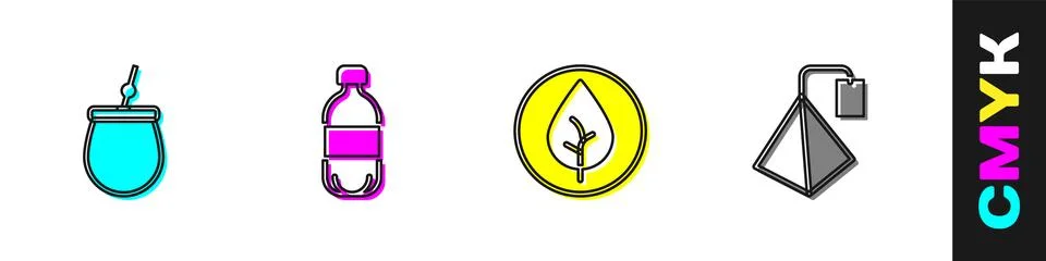 Set Mate tea, Bottle of water, Tea leaf and bag icon. Vector Stock Illustration