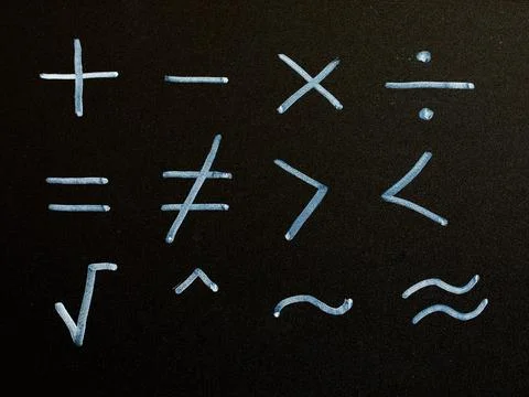Set of math symbol draw by white chalk on blackboard background Stock Photos