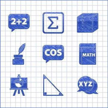 Set Mathematics function cosine, Triangle math, XYZ Coordinate system, Book with Illustrazione stock