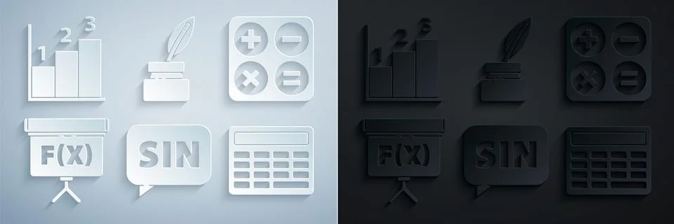 Set Mathematics function sine, Calculator, Chalkboard, Feather and inkwell and Stock Illustration