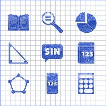 Set Mathematics function sine, Calculator, Book with word mathematics, Geomet Illustrazione stock