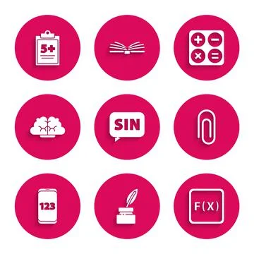 Set Mathematics function sine, Feather and inkwell, Function mathematical symbol Stock Illustration