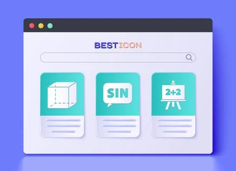 Set Mathematics function sine, Geometric figure Cube and Chalkboard icon. Vector Stock Illustration