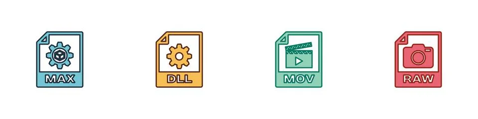 Set MAX file document, DLL, MOV and RAW icon. Vector Stock Illustration