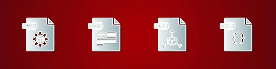 Set MAX file document, DOC, OBJ and CSS icon. Vector Stock Illustration
