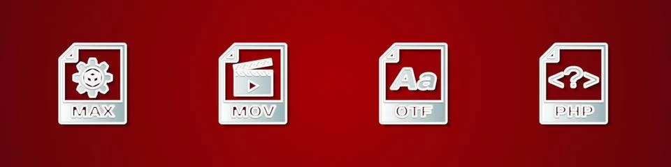 Set MAX file document, MOV, OTF and PHP icon. Vector Illustrazione stock