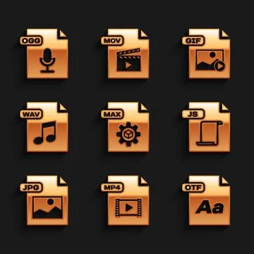 Set MAX file document, MP4, OTF, JS, JPG, WAV, GIF and OGG icon. Vector Stockillustratie