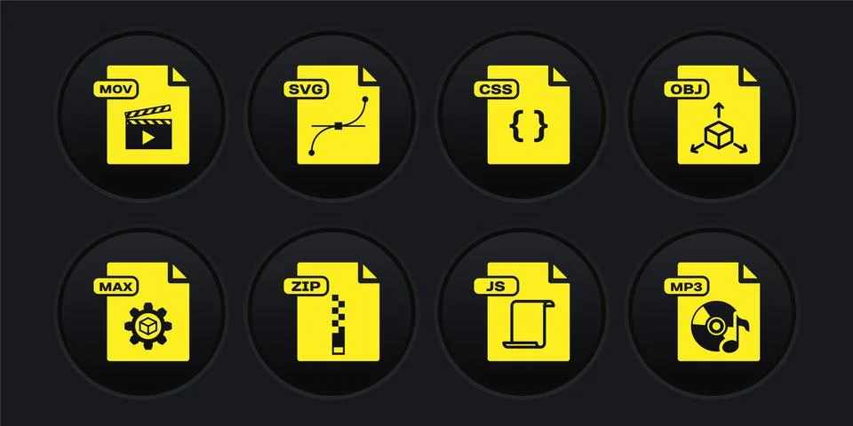 Set MAX file document, OBJ, ZIP, JS, CSS, SVG, MP3 and MOV icon. Vector Stock Illustration