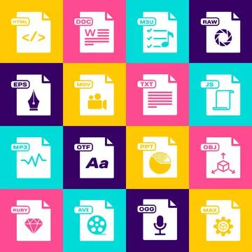 Set MAX file document, OBJ, JS, M3U, MOV, EPS, HTML and TXT icon. Vector Stock Illustration
